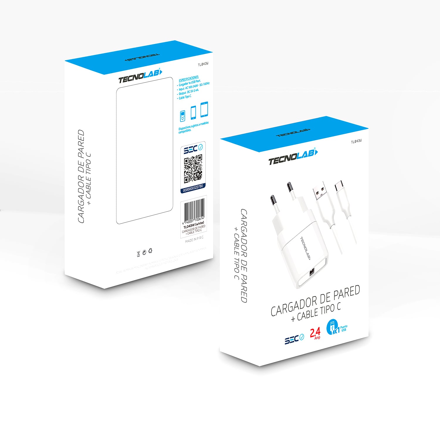 CARGADOR CELULAR 2.4A - 1 USB CON CABLE TYPE C - WHITE - 3