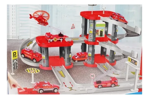 MINI PARKING GARAJE DE BOMBEROS ARMABLE CON AUTOS ROJO - 1