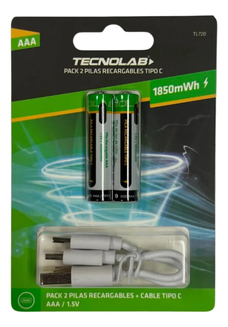 PACK 2 PILAS RECARGABLES AAA TECNOLAB TL720 TIPO C + CABLE - 1