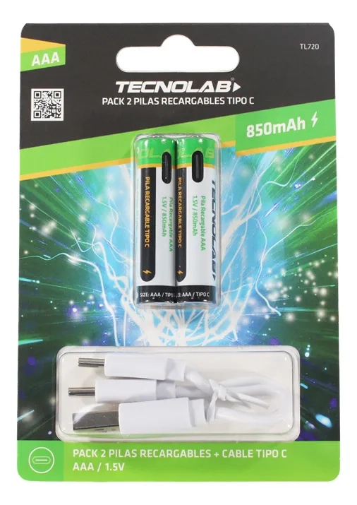 PACK 2 PILAS RECARGABLES AAA TECNOLAB TL720 TIPO C + CABLE - 3
