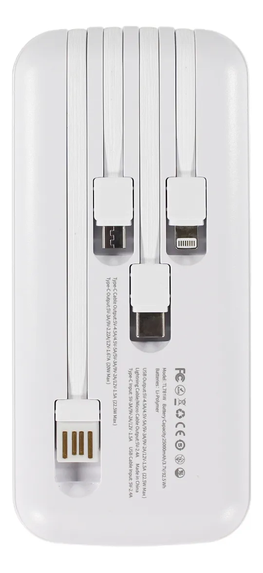 POWERBANK TECNOLAB 25000MAH 22,5W INCLUYE 4 CABLES, BLANCO - 2