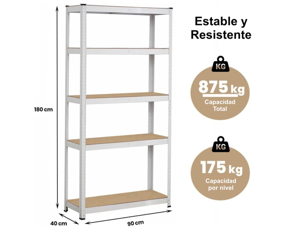 ESTANTE METALICO BLANCO 180X120X45CM 5 REPISAS DE MDF AJUSTABLES 175K POR REPISA - 3