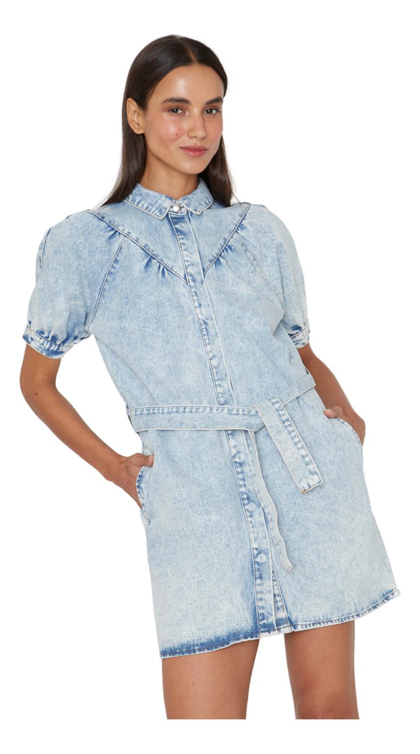 VESTIDO DENIM MANGA CORTA AZUL JACINTA TIENDA - 1