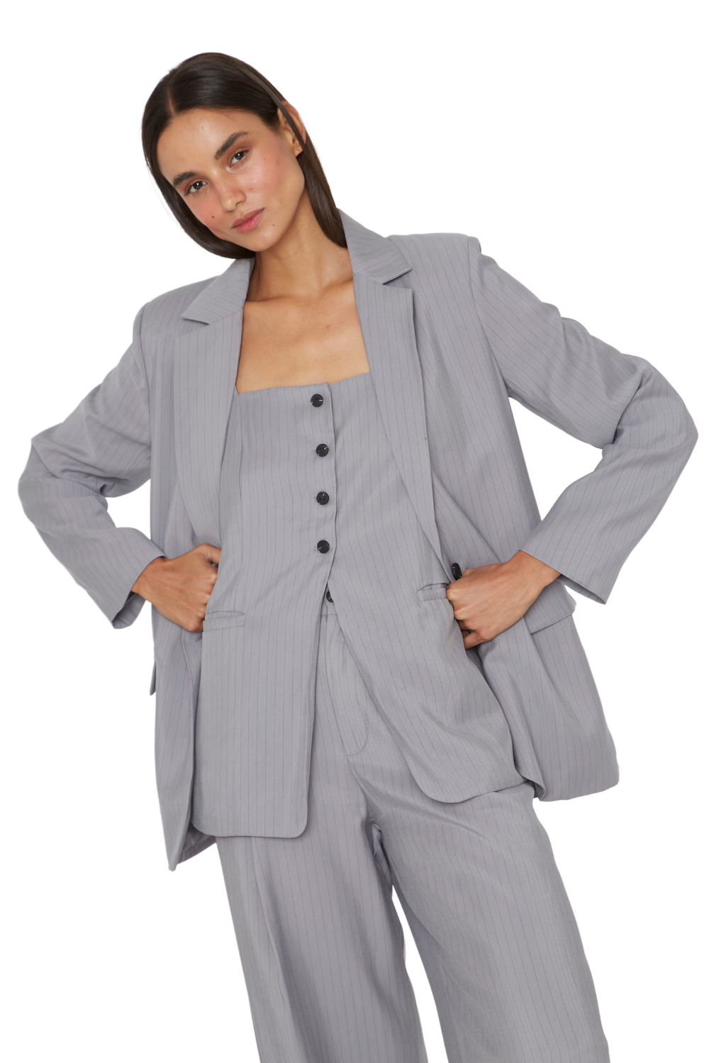 BLAZER MUJER JACINTA TIENDA GRIS OXFORD RAYAS - 2