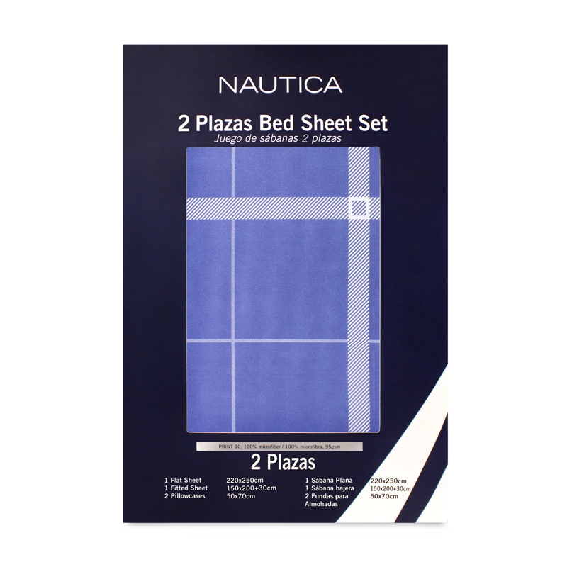 JUEGO DE SABANAS NAUTICA 3PIEZAS MICROFIBRA 1,5 PLAZAS DISEÑO CUADROS AZUL - 6