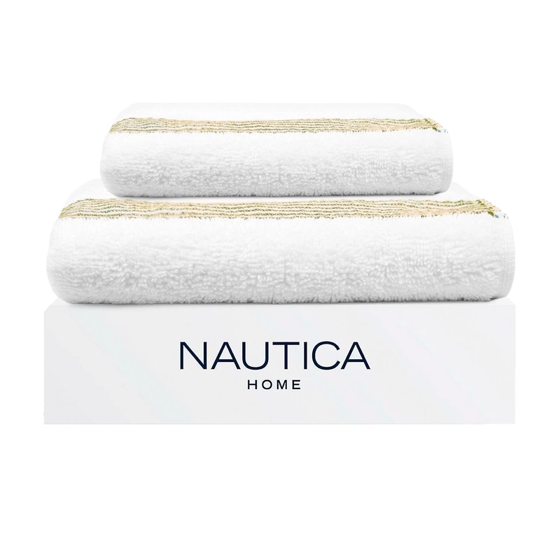SET 2 TOALLAS NAUTICA MAV CARA+MANO 100% ALGODON ALTA CALIDAD BLANCO-VERDE - 1