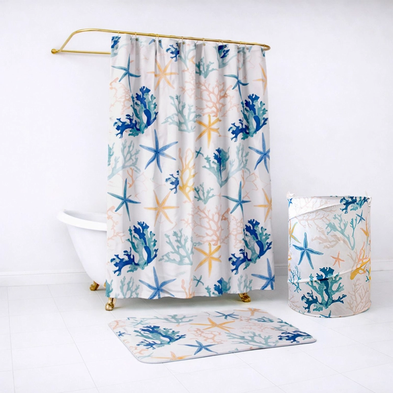 SET PARA BAÑO NAUTICA HOME CORTINA+ALFOMBRA+CESTA DISEÑO CORALES DE MAR - 1