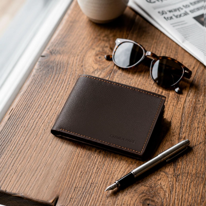 BILLETERA HOMBRE BRUNO CAFE  OSCURO CON MONEDERO CARVEN PARIS - 1