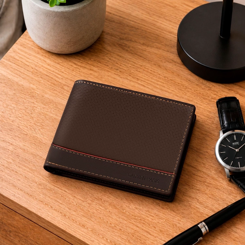 BILLETERA HOMBRE GINO CAFE  CON MONEDERO OSCURO CARVEN PARIS - 1