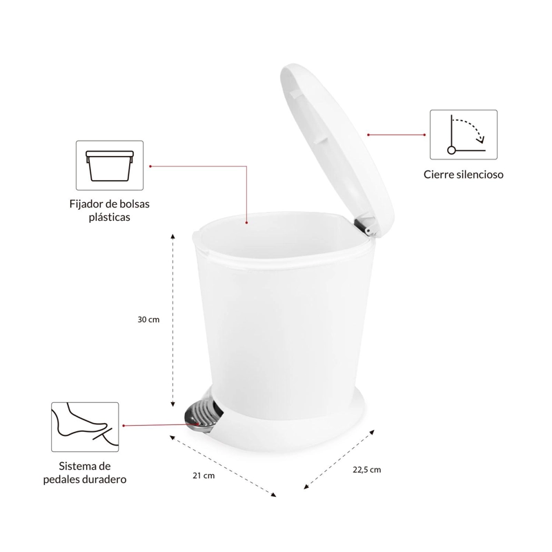 BASURERO CON PEDAL 6 LITROS BAÑO COCINA CIERRE SUAVE BLANCO NAUTICA - 2