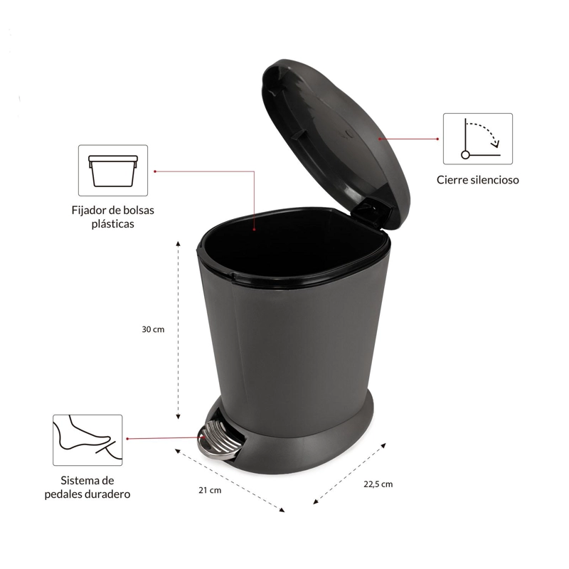 BASURERO CON PEDAL 6 LITROS BAÑO COCINA CIERRE SUAVE GRIS NAUTICA - 2