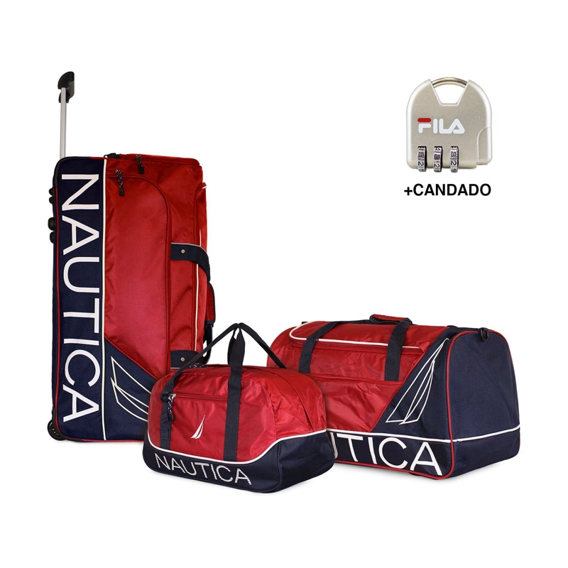 SET 3 BOLSOS DE VIAJE CON RUEDAS NAUTICA MANNAR ROJO + CANDADO - 1