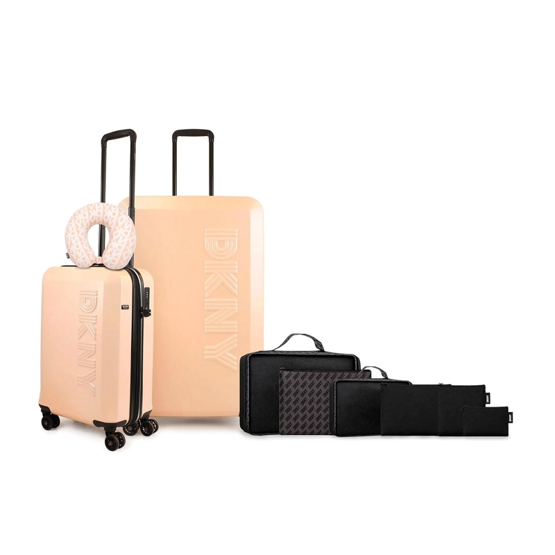 SET 2 MALETAS DKNY BEVELED S+L ROSADO + ALMOHADA + ORGANIZADOR 6 PZAS CAFE - 1