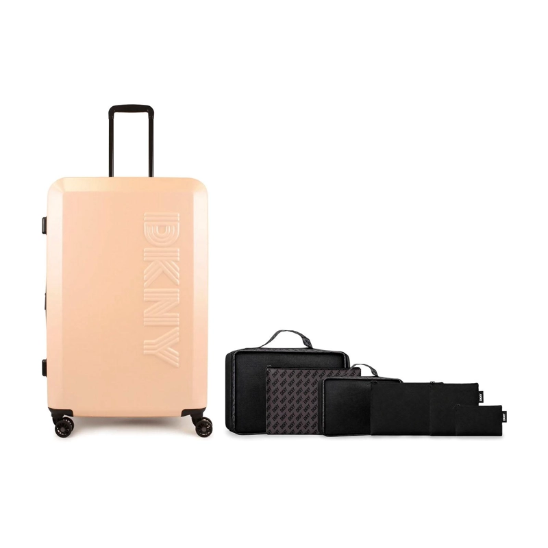 PACK MALETA GRANDE DKNY BEVELED ROSADA + ORGANIZADOR DE VIAJE 6 PIEZAS CAFE - 1