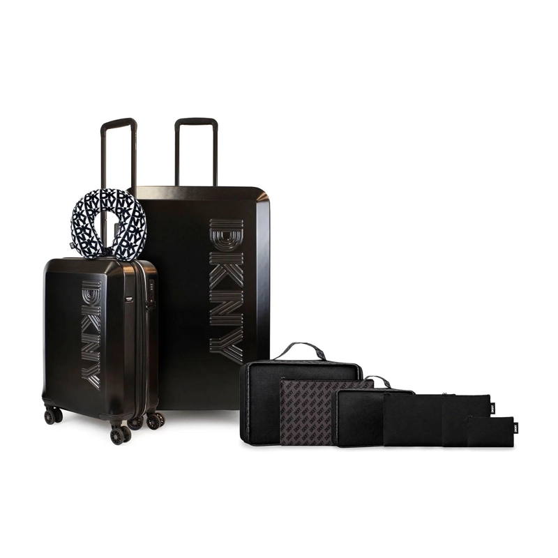 SET 2 MALETAS DKNY BEVELED S+L NEGRA + ALMOHADA + ORGANIZADOR 6 PIEZAS CAFE - 1