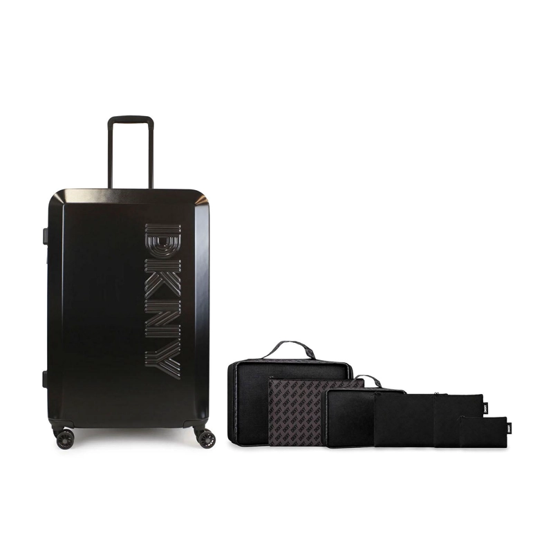 PACK MALETA GRANDE DKNY BEVELED NEGRA + ORGANIZADOR DE VIAJE 6 PIEZAS CAFE - 1