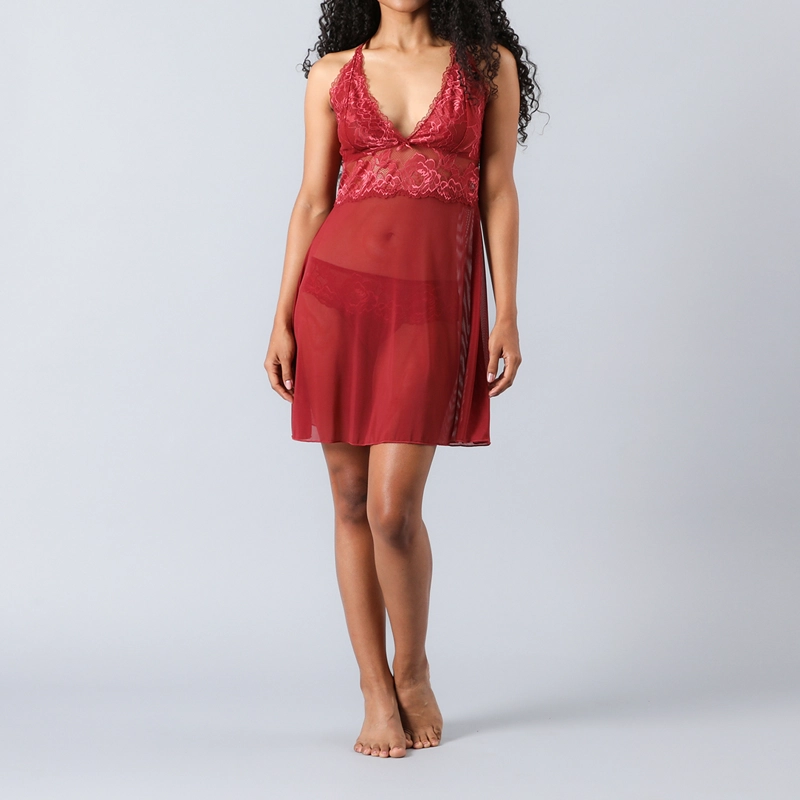 BABY DOLL ENCAJE BITONO CON COLALESS  EN COLOR ROJO COLONIAL - 1