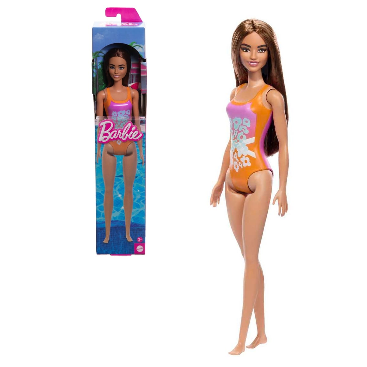 MUÑECA BARBIE PLAYA TRAJE DE BAÑO NARANJA FLORES TROPICALES - 1