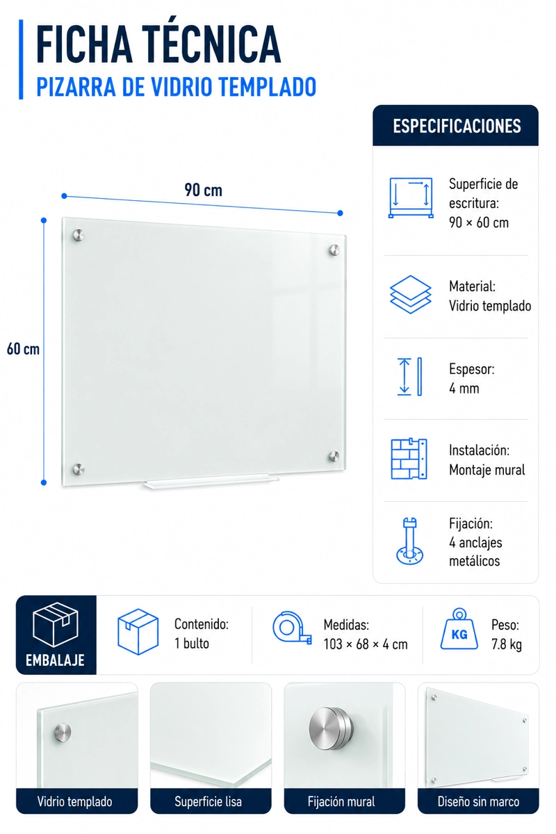 PIZARRA IGPRO VIDRIO TEMPLADO MAGNÉTICA BLANCA 60X90CM - 3