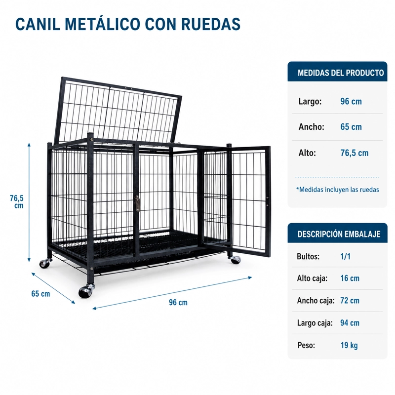 JAULA CANIL C/RUEDAS 93X60CM MOVIL - 2