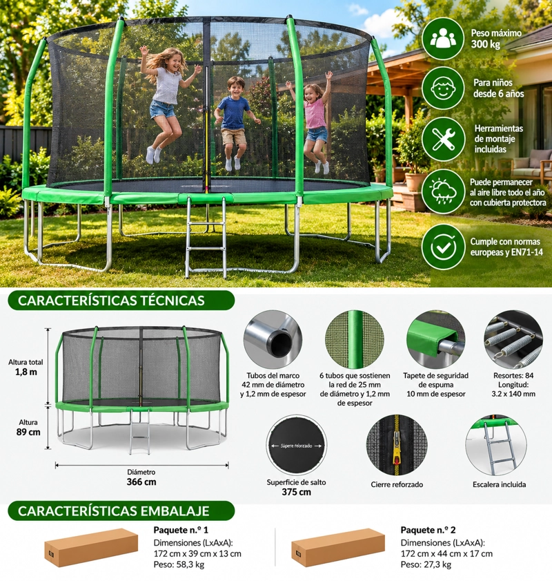 CAMA ELASTICA 3,66 PREMIUM MALLA Y ESCALERA VERDE 12FT - 3
