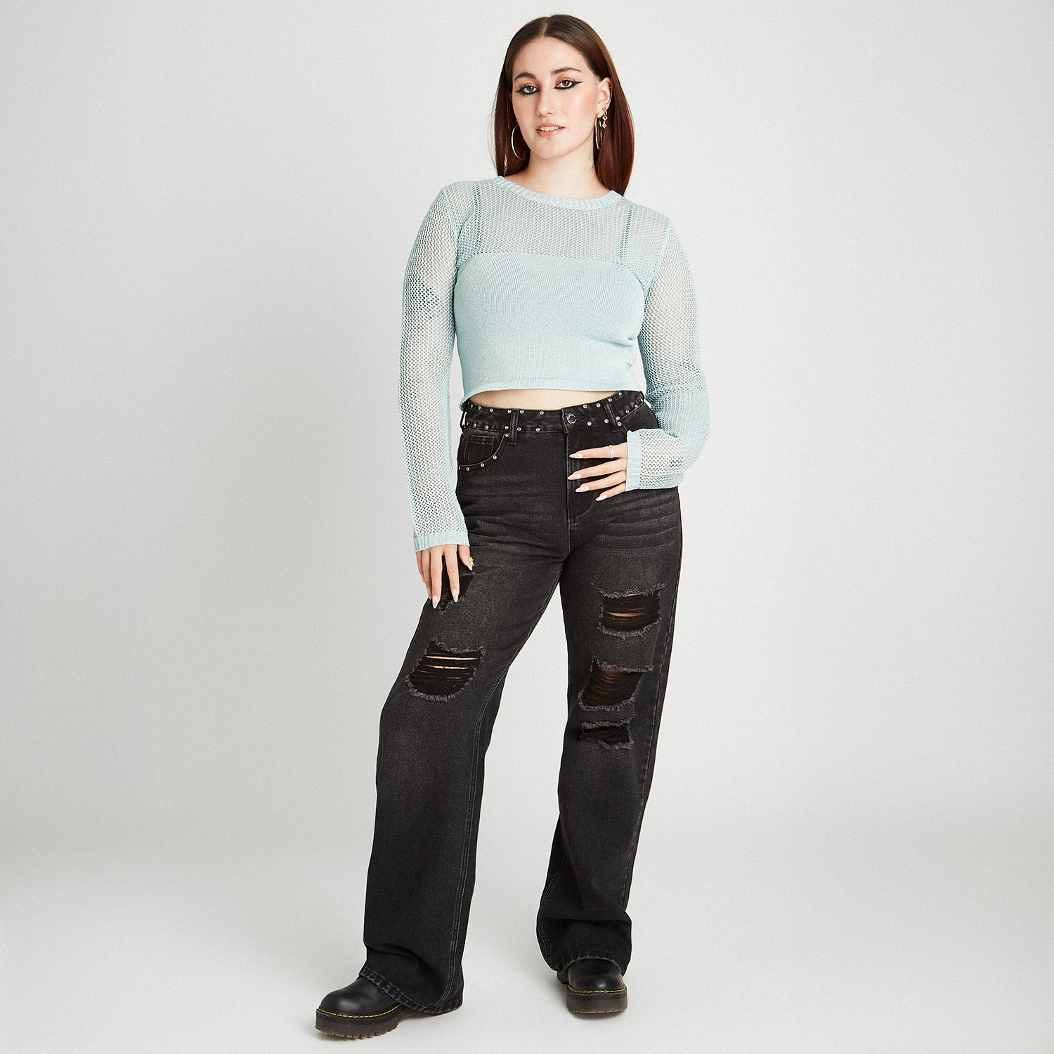 SWEATER CALADO DE LUREX CON ABERTURA EN ESPALDA CELESTE - 4