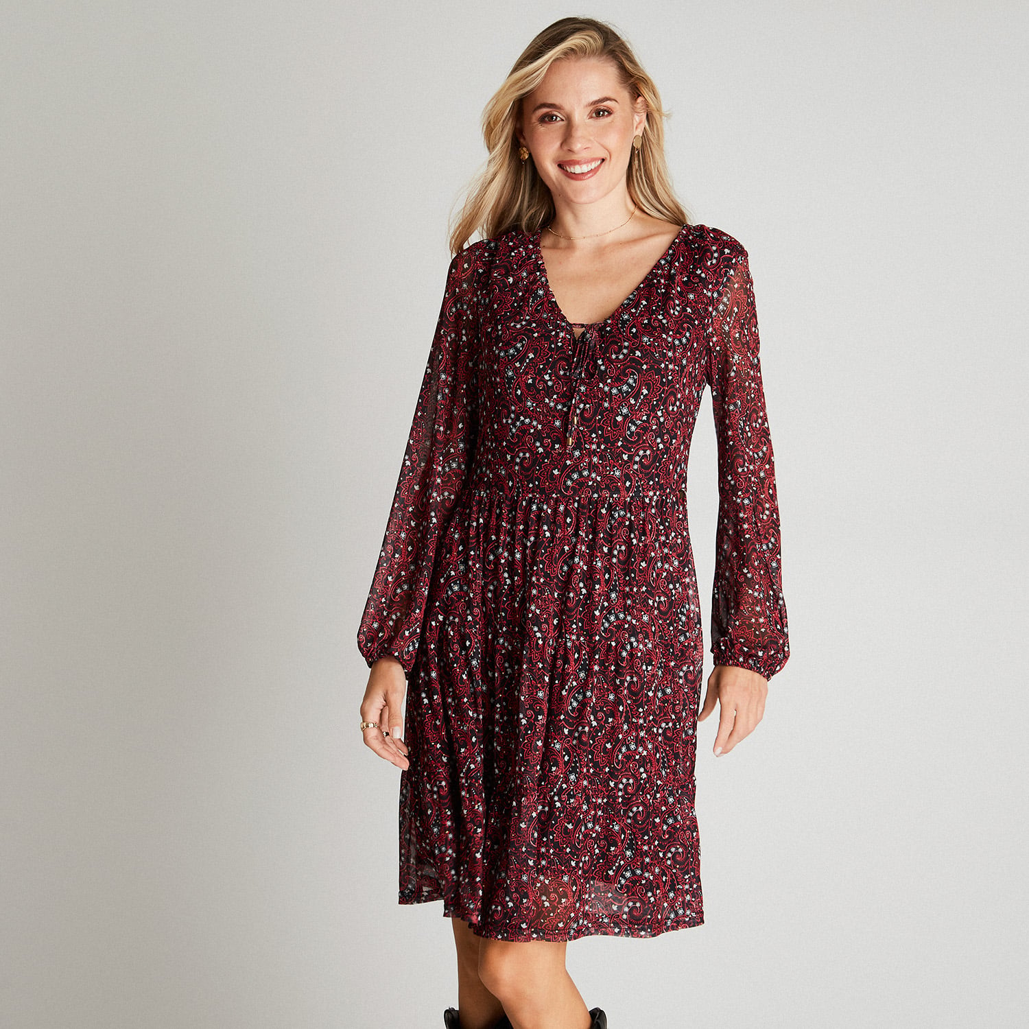 VESTIDO MIDI MUJER CURVI NEGRO MANGA LARGA ESTAMPADO CUELLO V - 1