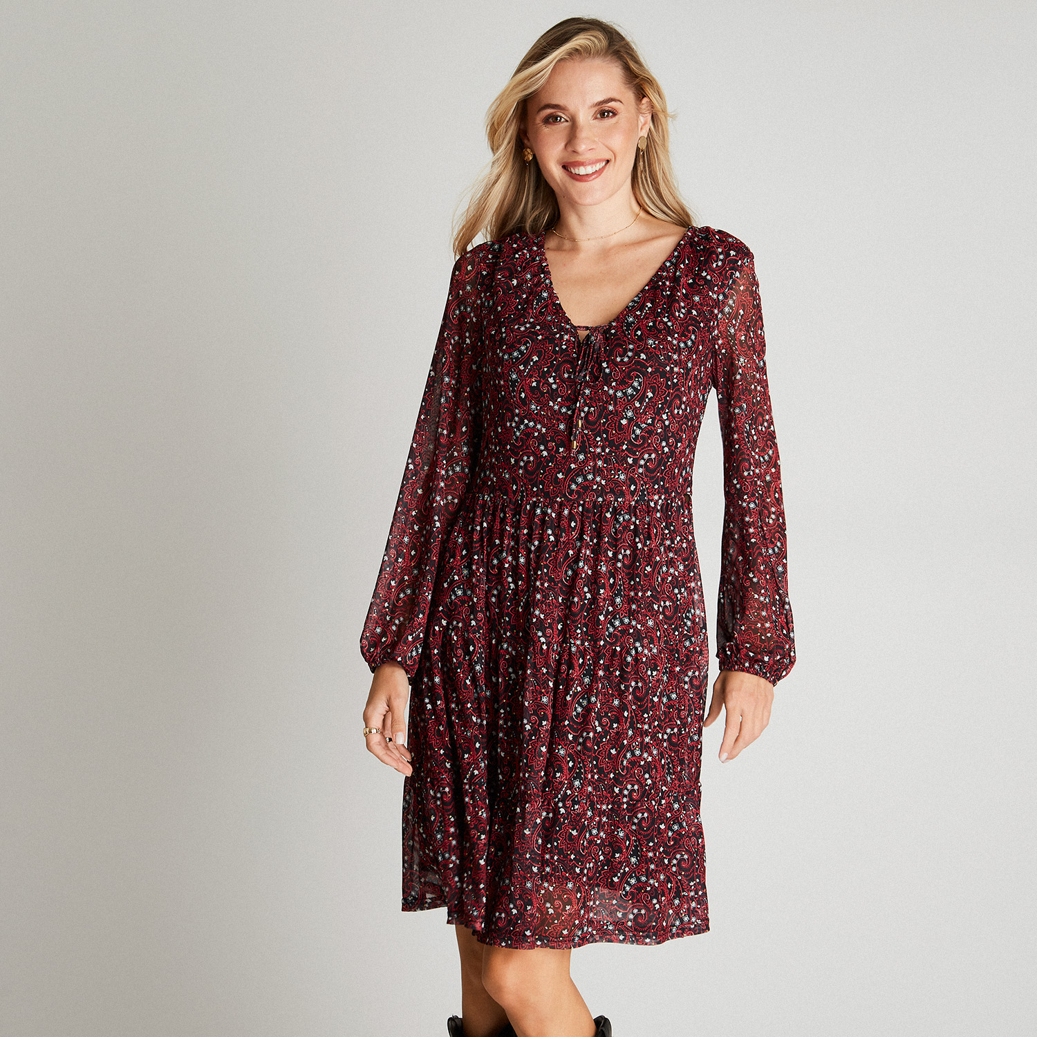 VESTIDO MIDI MUJER CURVI NEGRO MANGA LARGA ESTAMPADO CUELLO V - 1