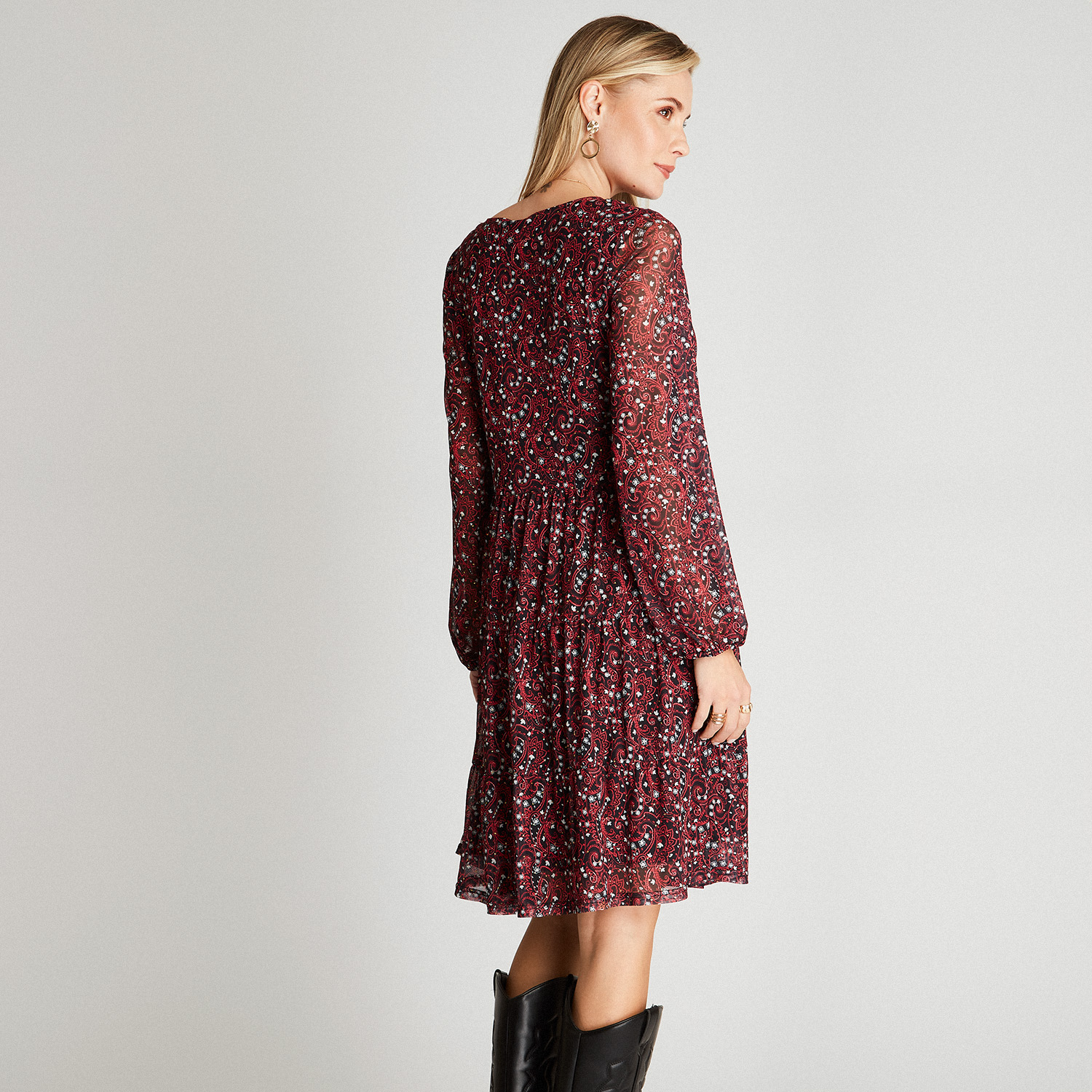 VESTIDO MIDI MUJER CURVI NEGRO MANGA LARGA ESTAMPADO CUELLO V - 2