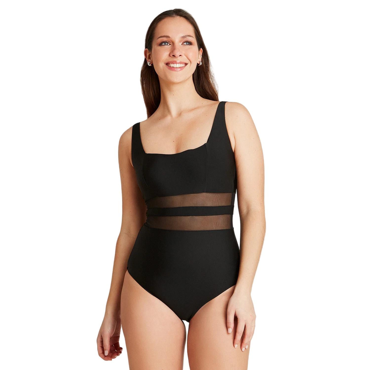 TRAJE DE BAÑO 1 PIEZA CON TRANSPARENCIA EN CINTURA EN COLOR NEGRO - 1