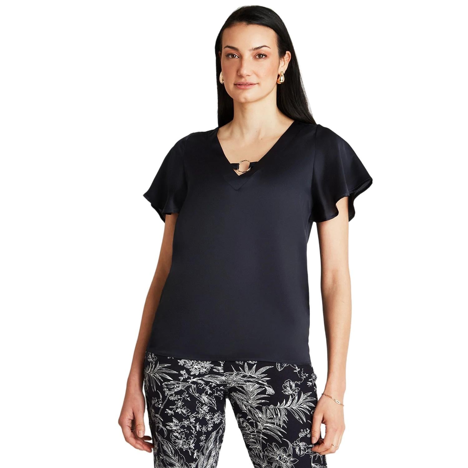 BLUSA AZUL MANGA CORTA ARGOLLA EN CUELLO - 1