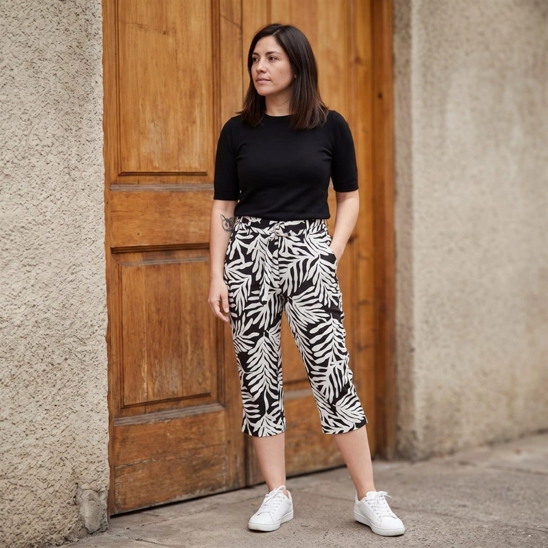 PANTALÓN CAPRI LINO MUJER LORENZO DI PONTTI NEGRO 72500201 CAPRI PIERNA RECTA ESTAMPADO - 9