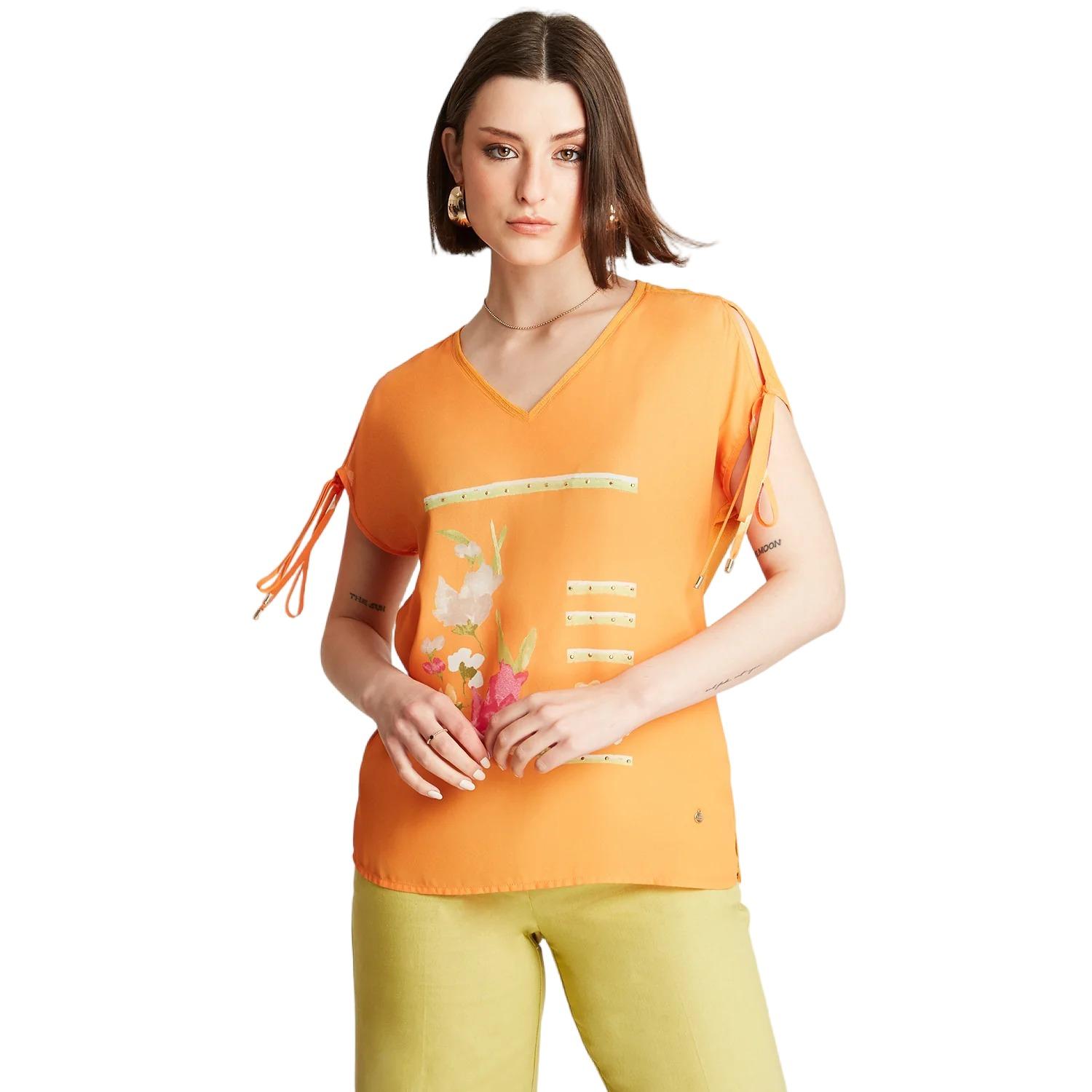 POLERA NARANJO AMARRE EN MANGA ESTAMPADO ESCOTE V - 1