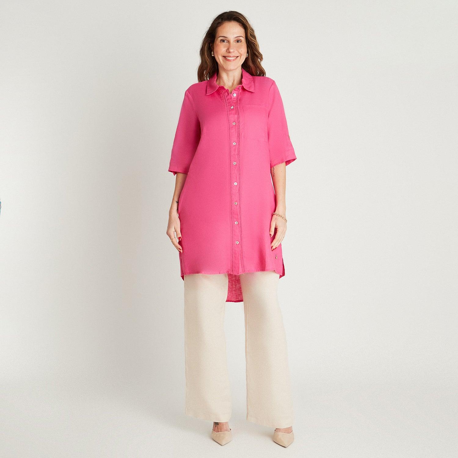TAPADO LINO FUCSIA CUELLO CAMISERO BOLSILLOS - 4