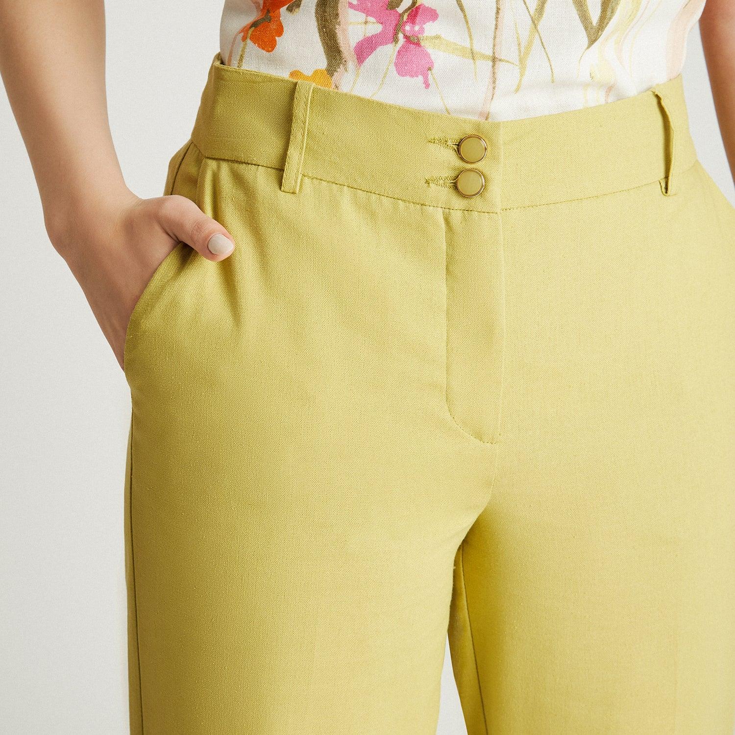 PANTALÓN MUJER LORENZO DI PONTTI VERDE CLARO 70500887 DE LINO RECTO CON PRETINA ANCHA - 3