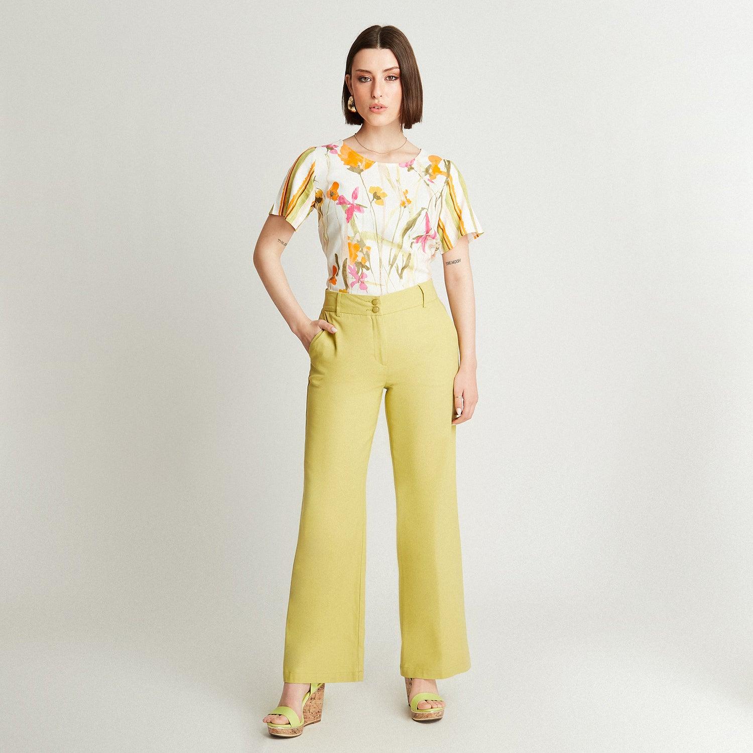 PANTALÓN MUJER LORENZO DI PONTTI VERDE CLARO 70500887 DE LINO RECTO CON PRETINA ANCHA - 4