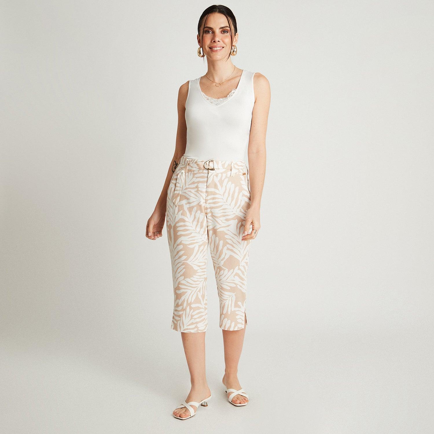 PANTALÓN CAPRI LINO MUJER LORENZO DI PONTTI CRUDO 72500208 CAPRI PIERNA RECTA ESTAMPADO - 4
