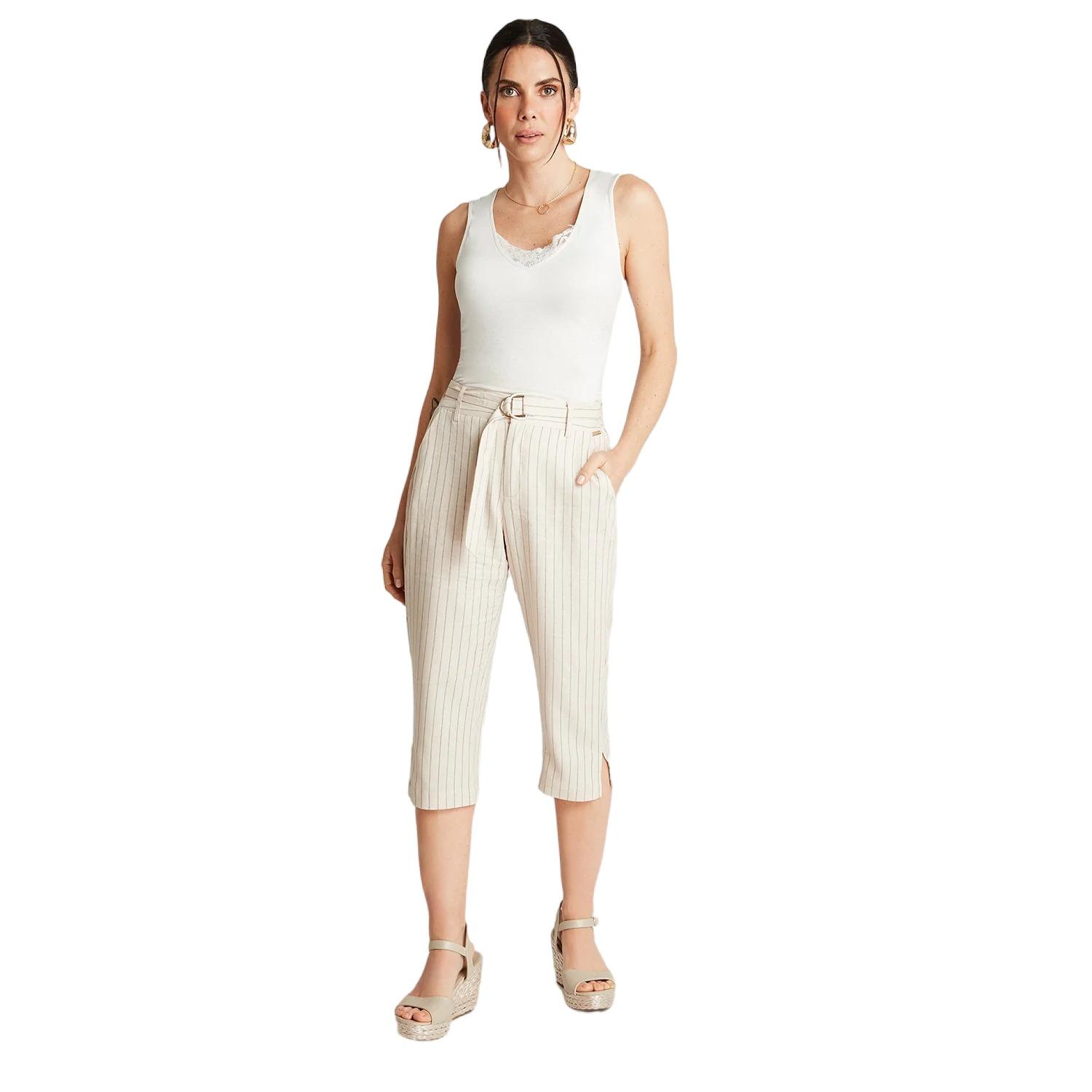 PANTALÓN CAPRI LINO MUJER LORENZO DI PONTTI BEIGE 72500220 CAPRI PIERNA RECTA ESTAMPADO - 1