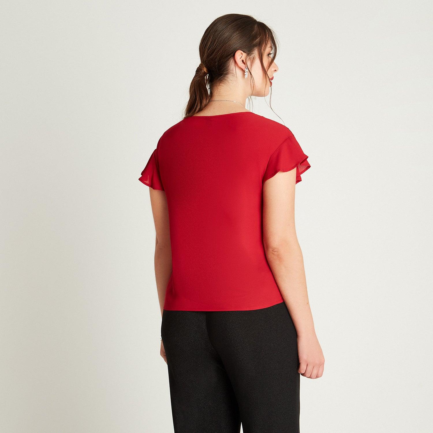 BLUSA EN COLOR ROJO MANGA CORTA CUELLO REDONDO - 2
