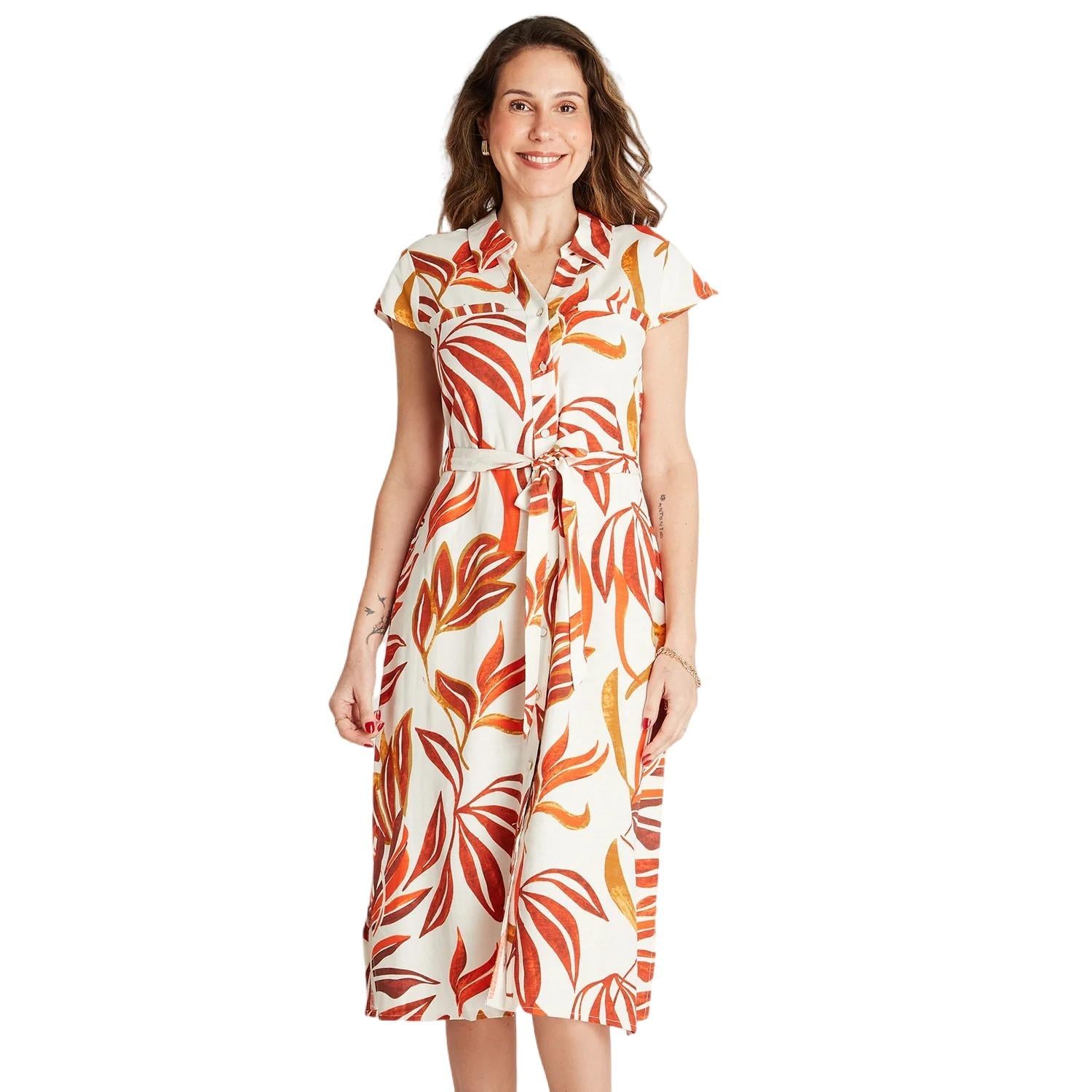 VESTIDO MAXI LINO MUJER LORENZO DI PONTTI NARANJO MANGA CORTA ESTAMPADO CUELLO CAMISERO - 1