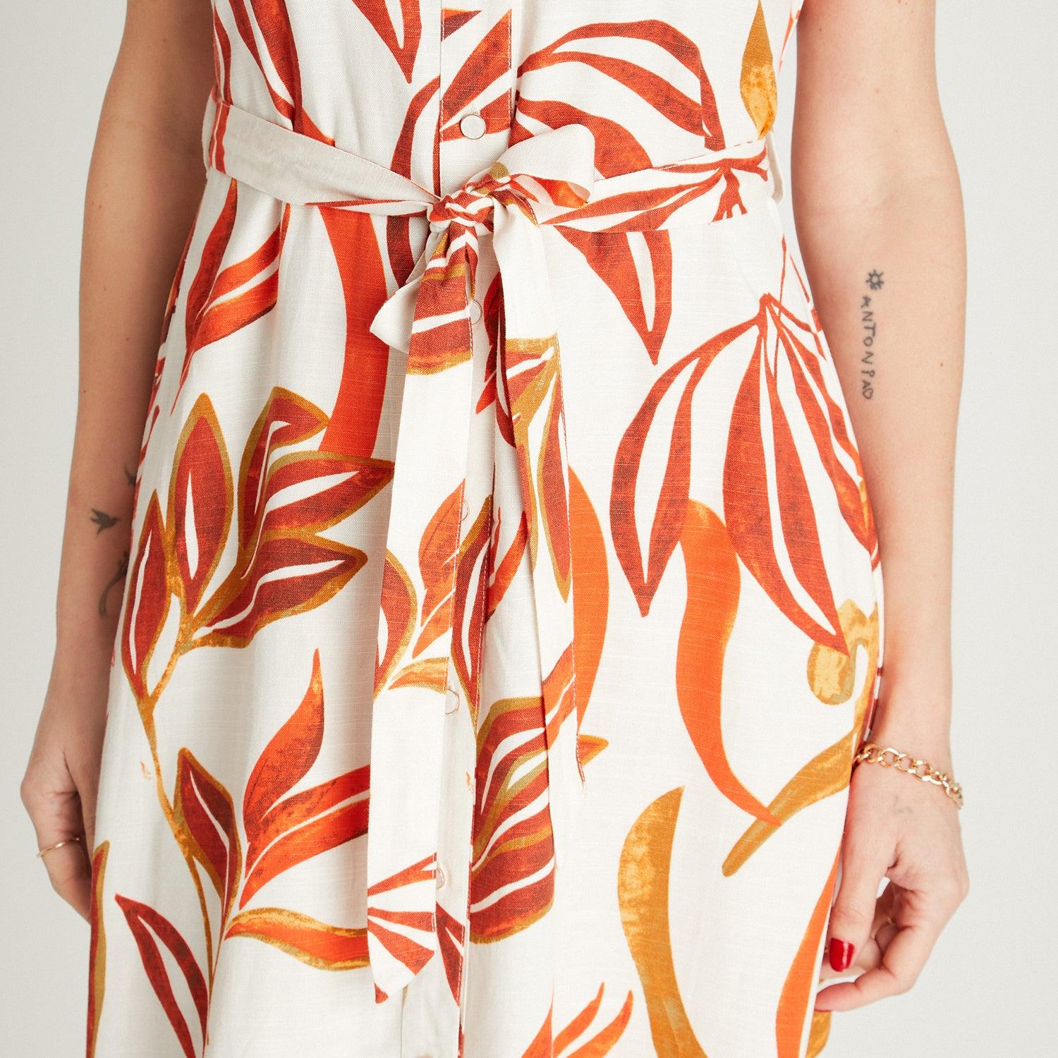 VESTIDO MAXI LINO MUJER LORENZO DI PONTTI NARANJO MANGA CORTA ESTAMPADO CUELLO CAMISERO - 3