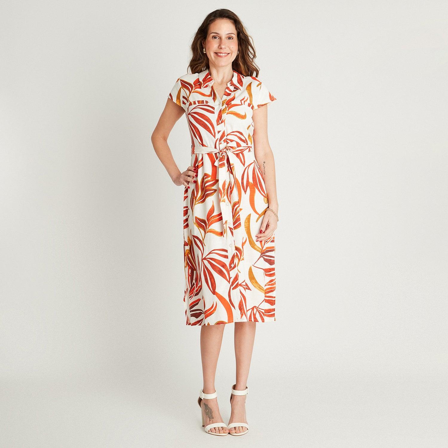 VESTIDO MAXI LINO MUJER LORENZO DI PONTTI NARANJO MANGA CORTA ESTAMPADO CUELLO CAMISERO - 4