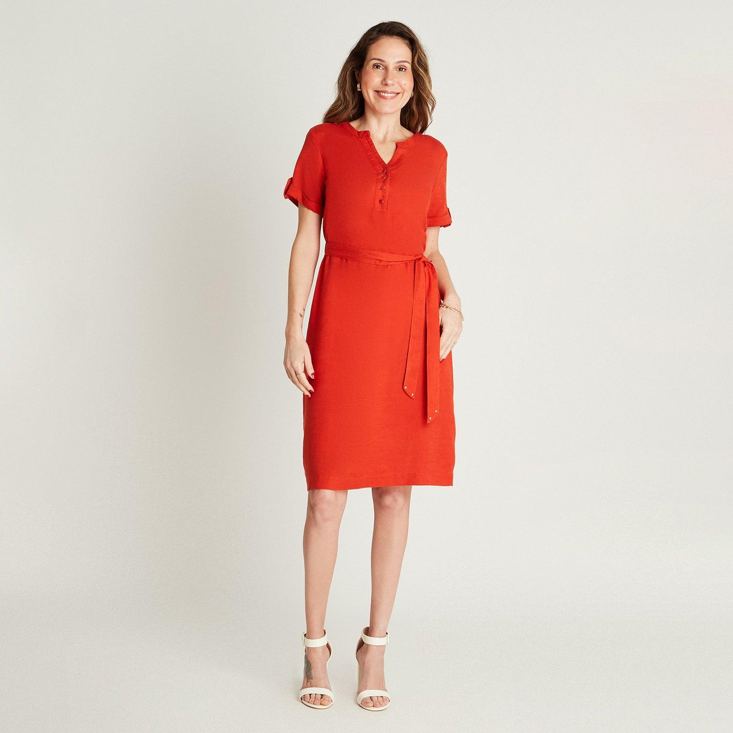 VESTIDO MAXI LINO MUJER LORENZO DI PONTTI NARANJO MANGA CORTA CUELLO MAO - 4