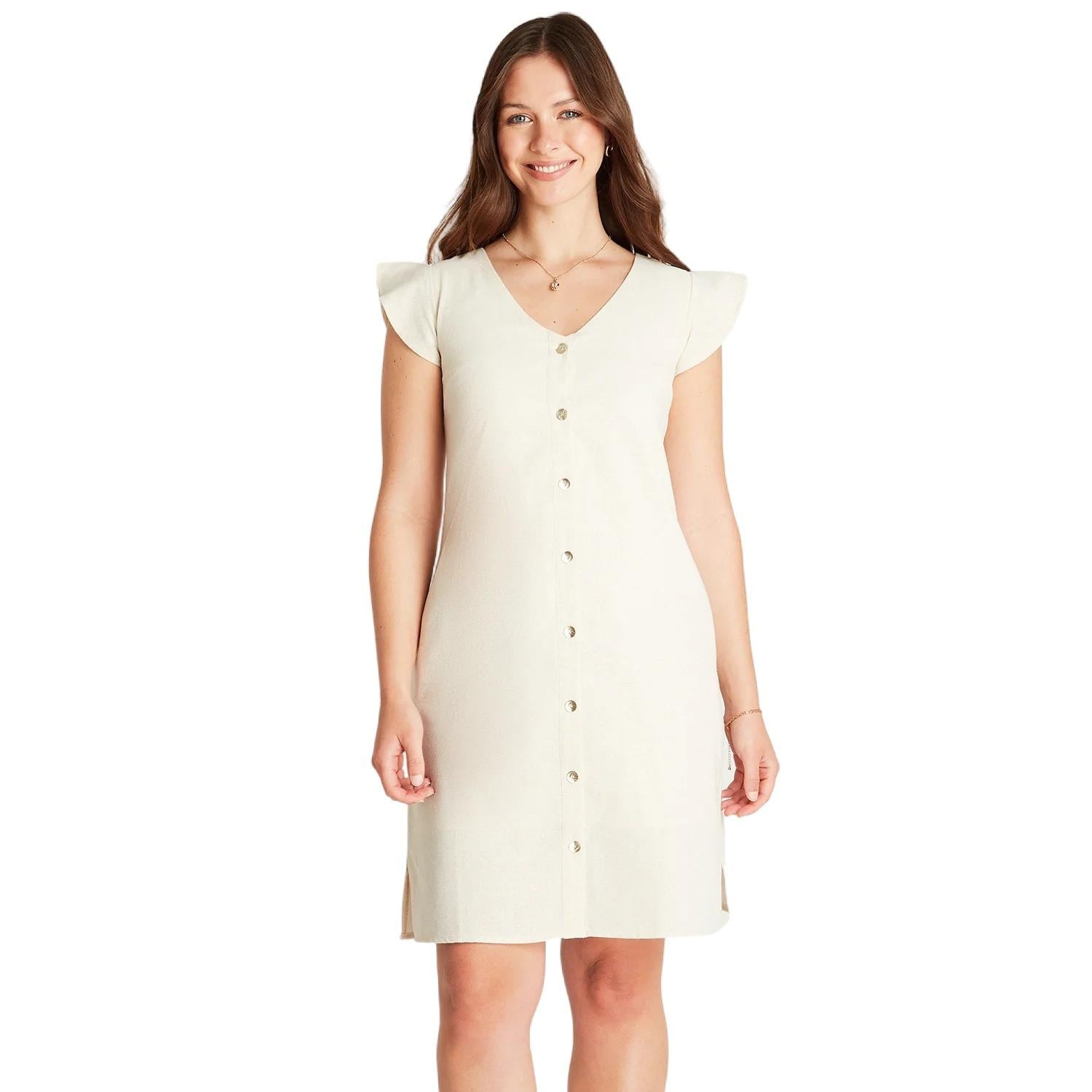 VESTIDO LINO MUJER LORENZO DI PONTTI BEIGE CORTO MANGA CORTA CUELLO V - 1