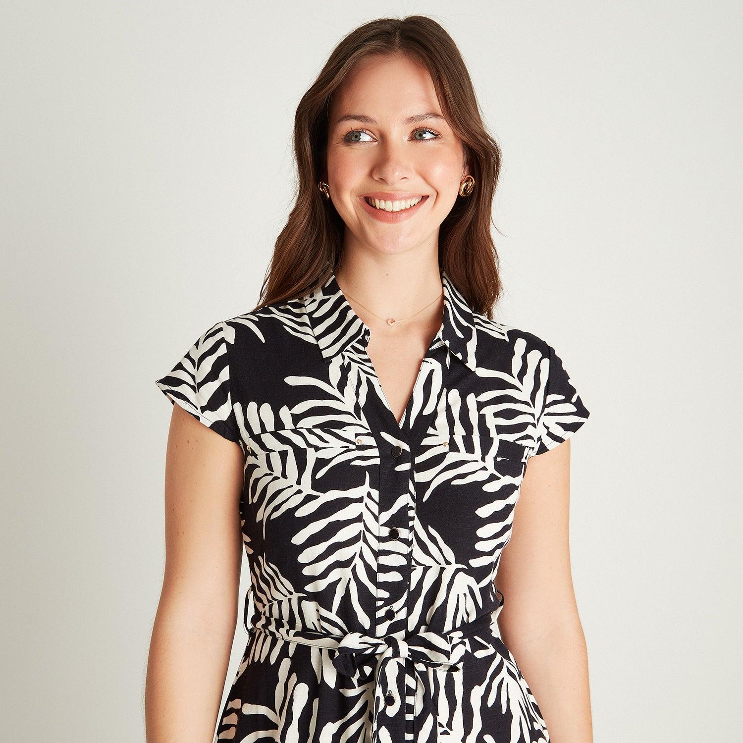 VESTIDO MAXI LINO AZUL MANGA CORTA ESTAMPADO CUELLO CAMISERO - 3