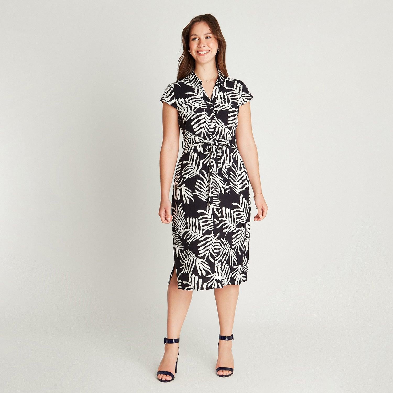 VESTIDO MAXI LINO AZUL MANGA CORTA ESTAMPADO CUELLO CAMISERO - 4