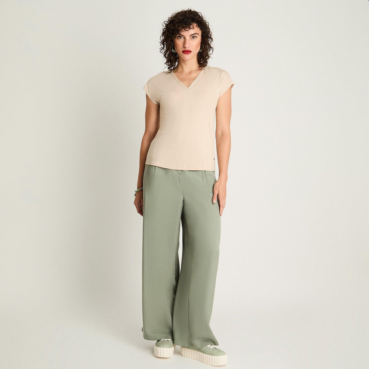 POLERA MANGA CORTA MUJER CURVI BEIGE ESCOTE V CON LUREX - 4