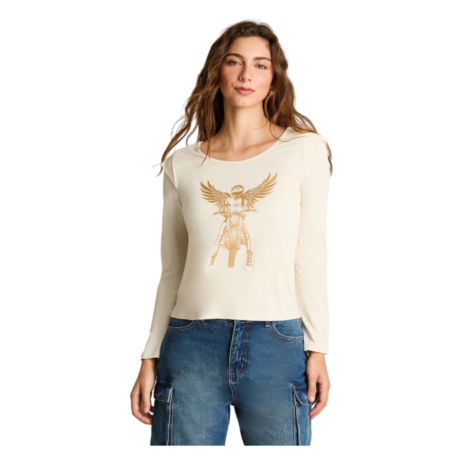 POLERA MANGA 3/4 MUJER ACUARELA BEIGE HOMBRERAS PRINT LOCALIZADO - 1