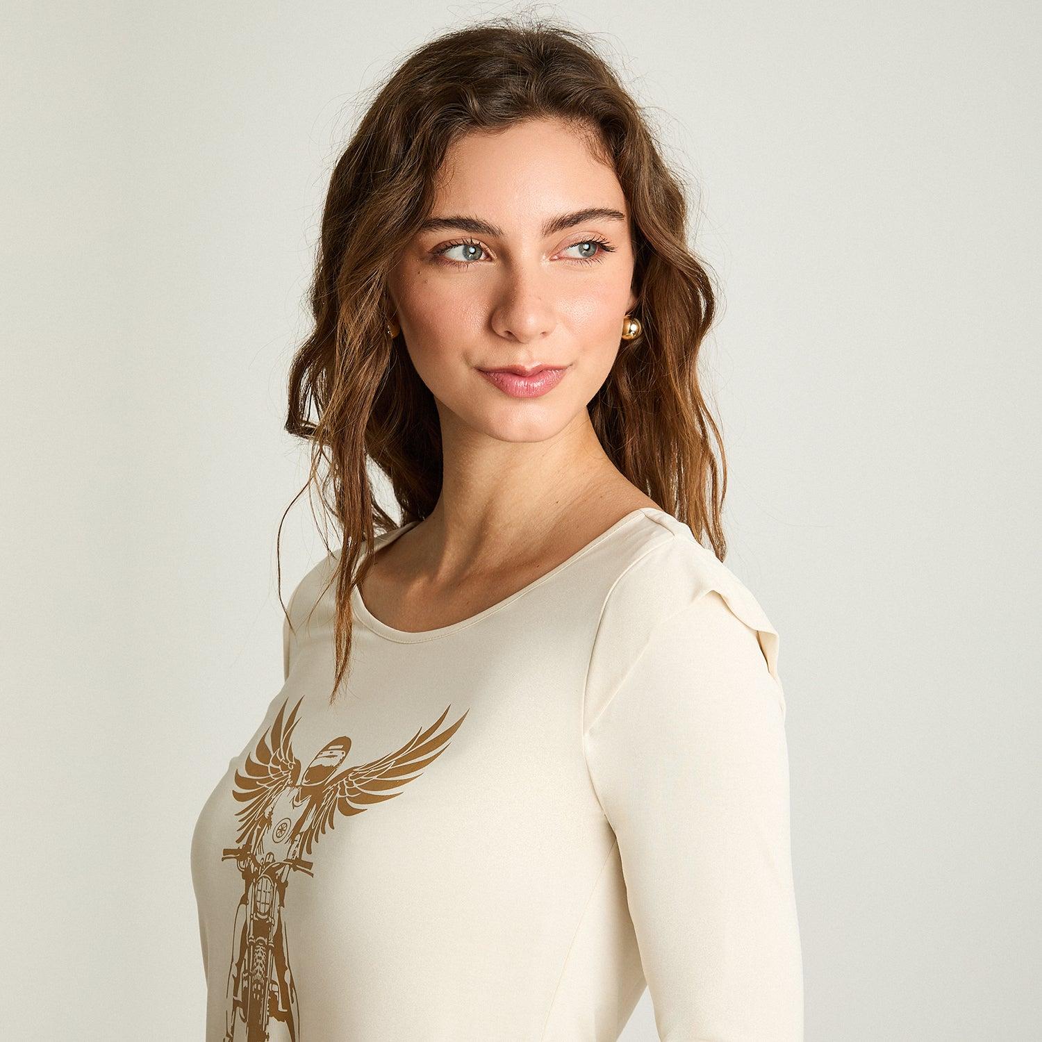 POLERA MANGA 3/4 MUJER ACUARELA BEIGE HOMBRERAS PRINT LOCALIZADO - 3
