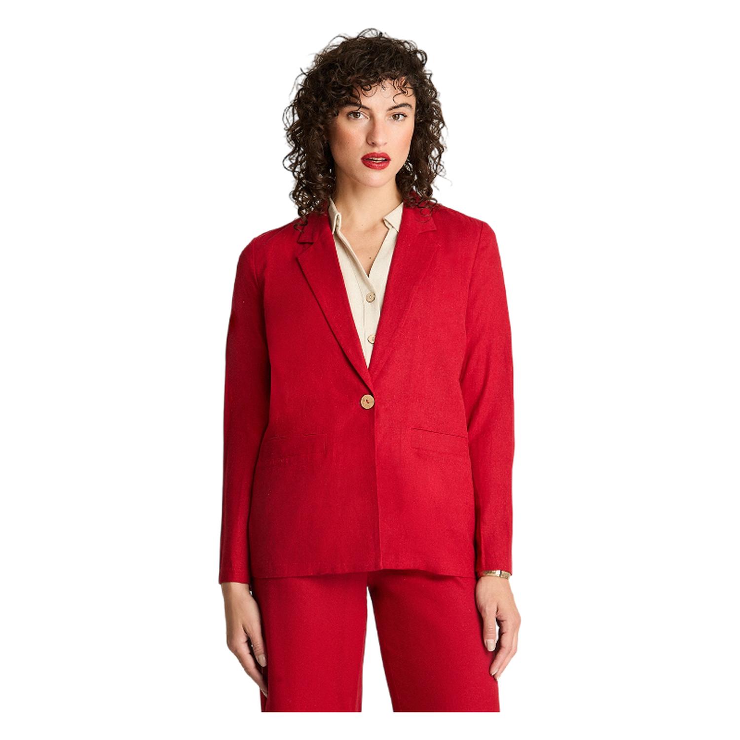 BLAZER MANGA LARGA LINO MUJER CURVI ROJO BOTONES MADERA - 1